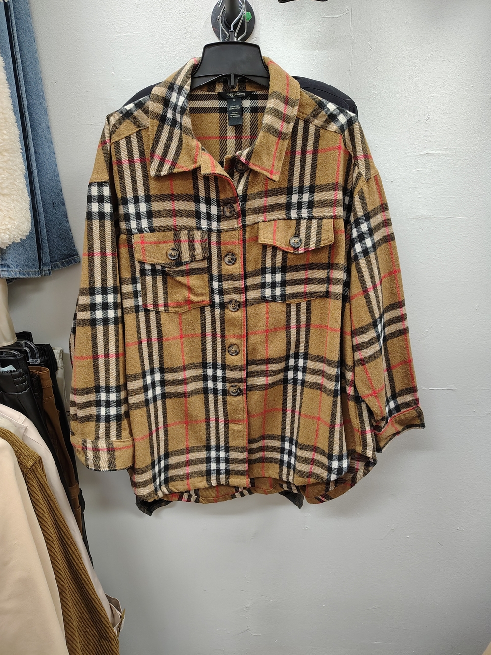 Plaid Button-Up Utility Shacket in Tan